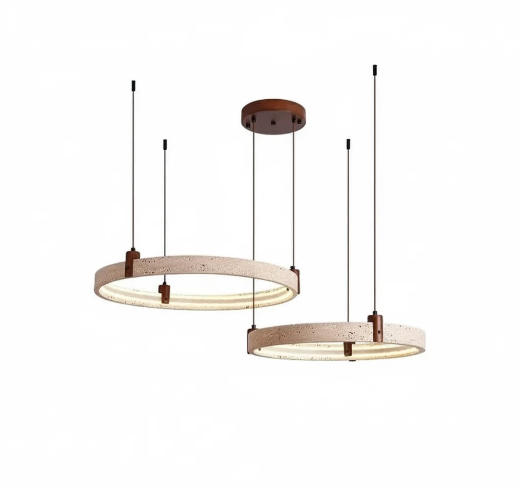 Circular Stone Pendant Light with Ambient Glow – Natural Travertine Ceiling Fixture for Modern Dining Rooms | Thomler