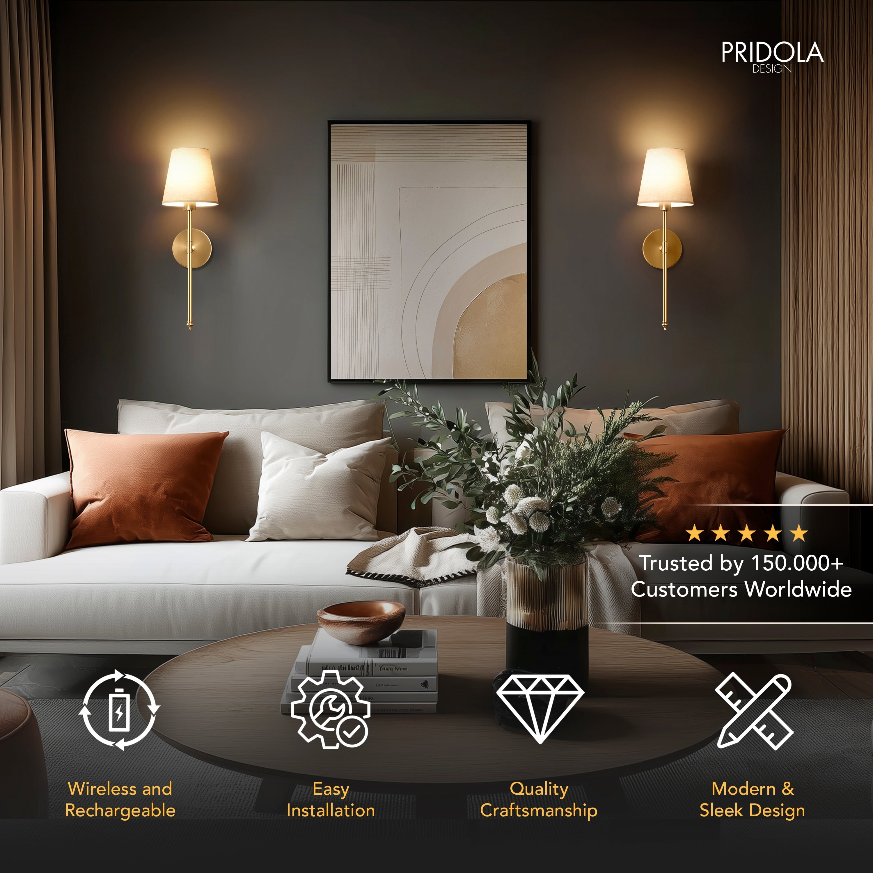 Wall Lamp Metal 51.5 cm Gold Bedroom Wireless Remote Controlled Reading Light Pair Scandinavian Interior Lighting | Thomler