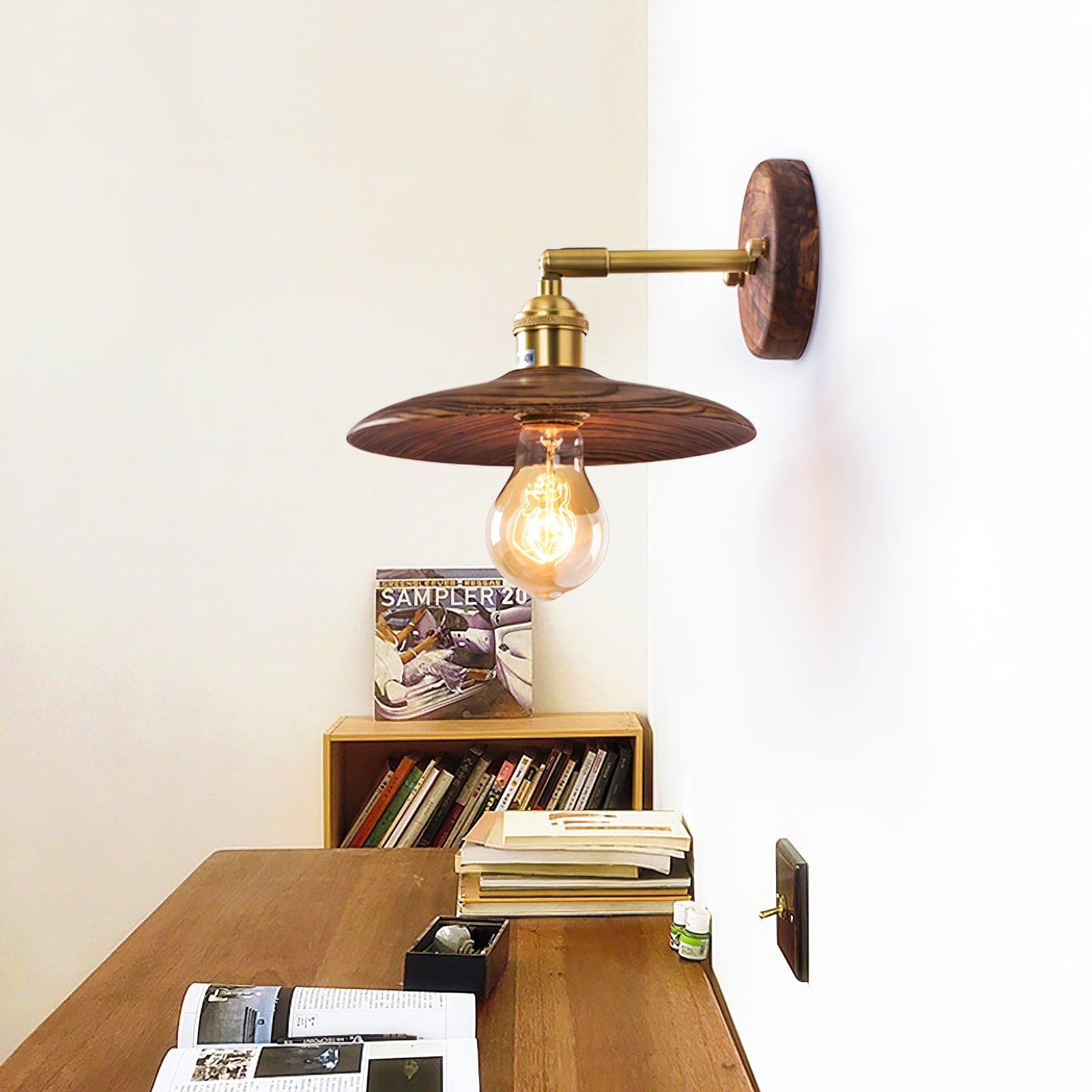 Wall Lamp Walnut Wood 20.0 cm Brass Living Room Bedroom Hallway E27 Round Japandi Scandinavian Indoor Lighting | Thomler