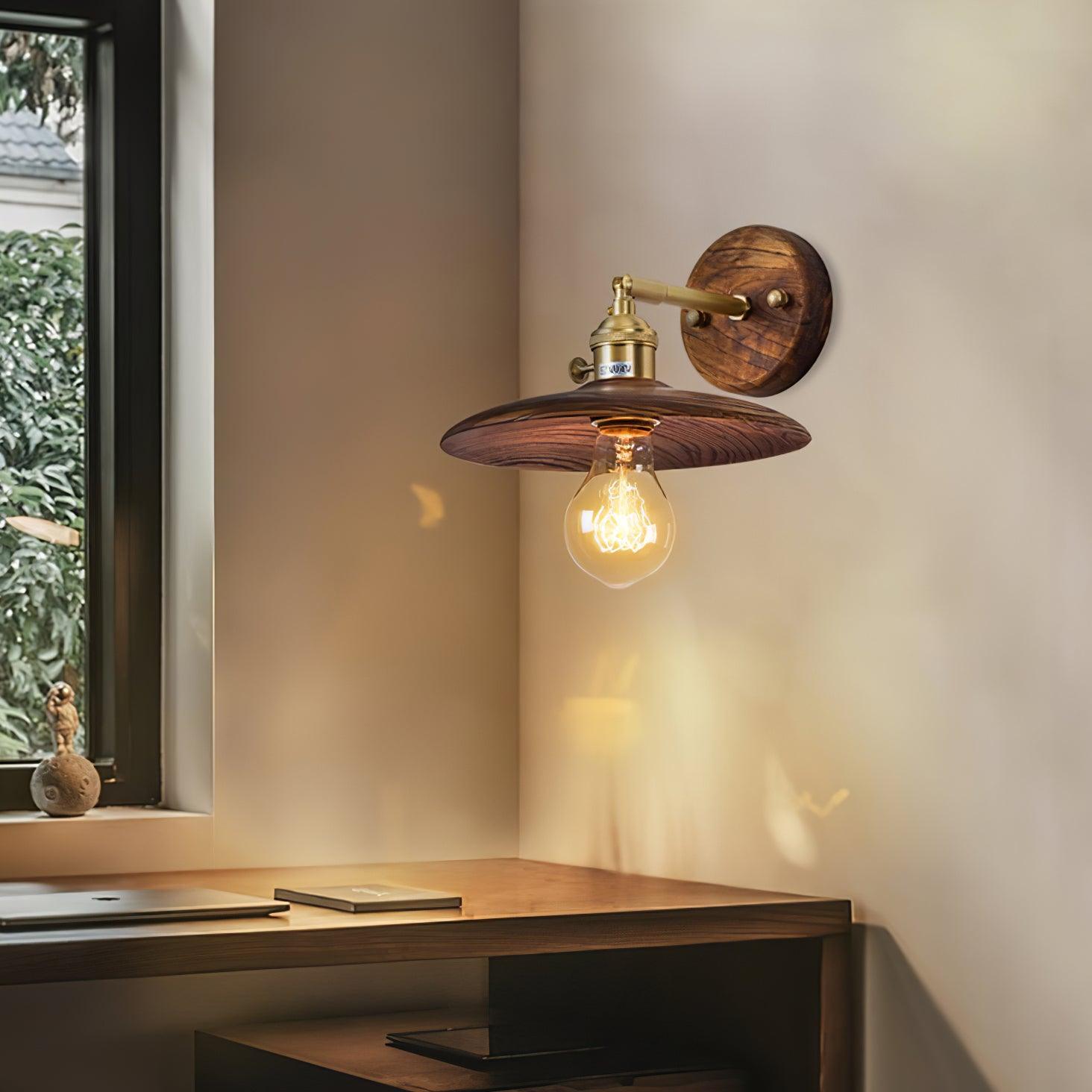 Wall Lamp Walnut Wood 20.0 cm Brass Living Room Bedroom Hallway E27 Round Japandi Scandinavian Indoor Lighting | Thomler