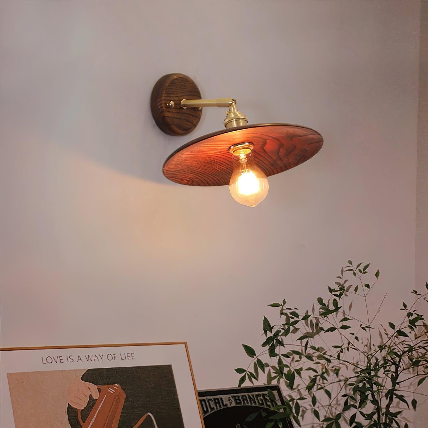 Wall Lamp Walnut Wood 20.0 cm Brass Living Room Bedroom Hallway E27 Round Japandi Scandinavian Indoor Lighting | Thomler