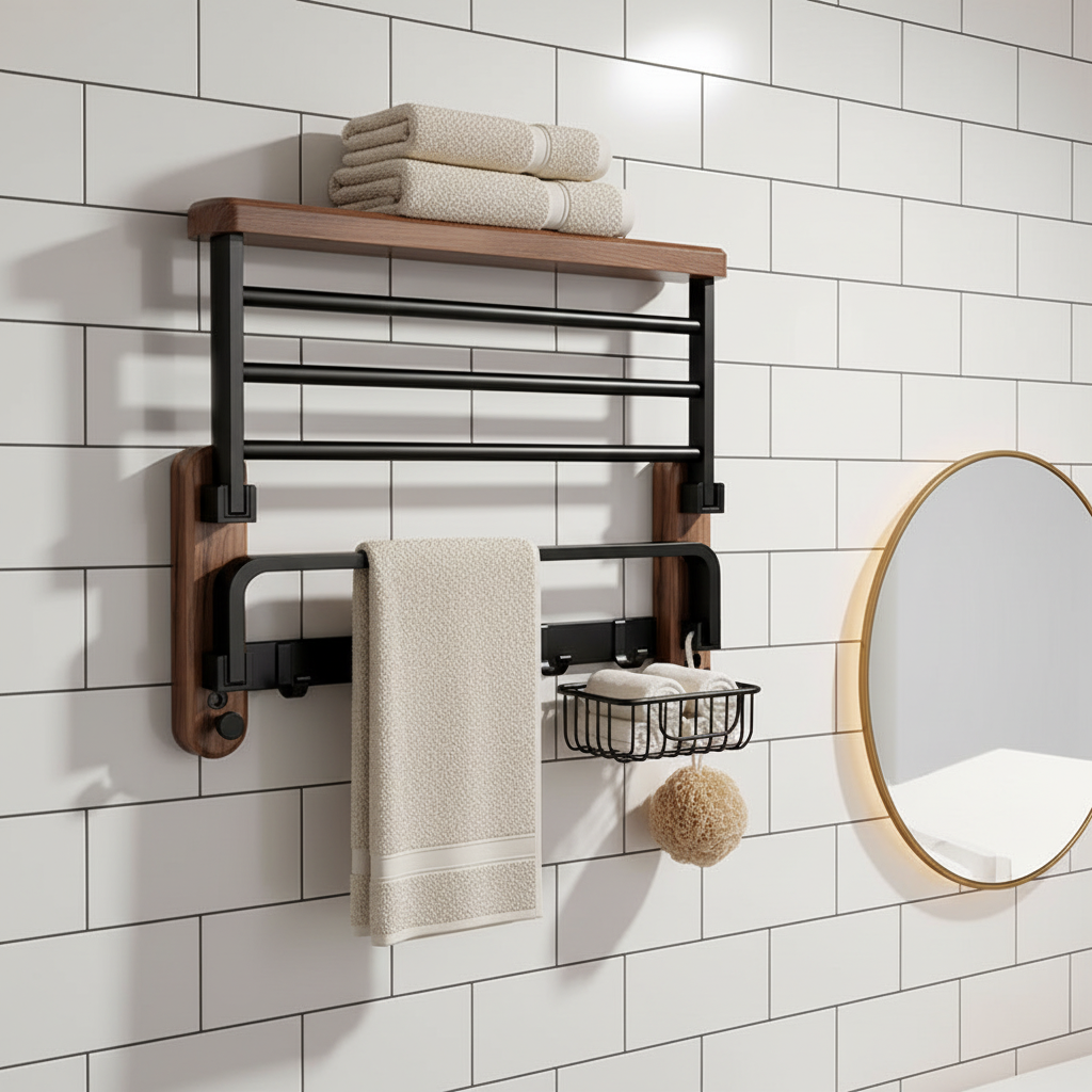 Walnut Wood Bathroom Towel Holder with Metal Bar – Space-Saving Wall Organizer for Towels & Accessories | Thomler
