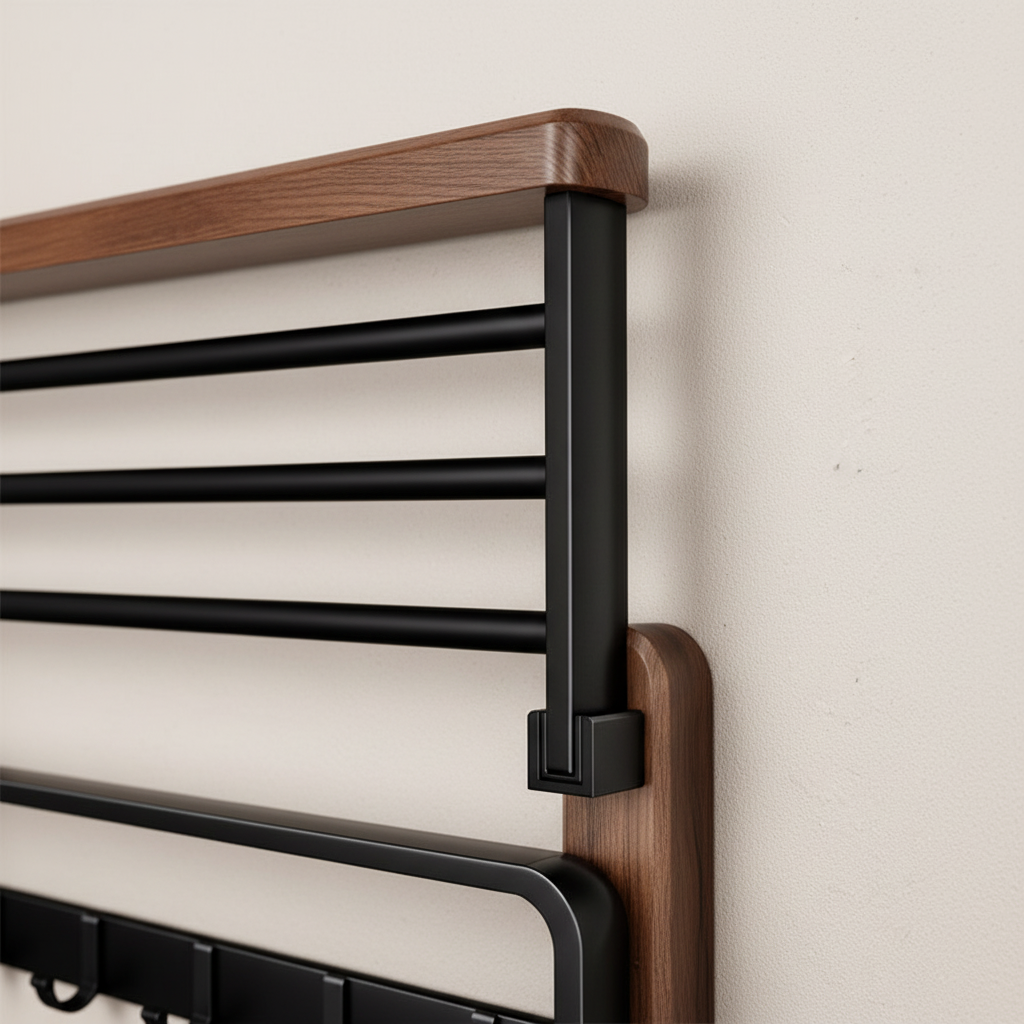 Walnut Wood Bathroom Towel Holder with Metal Bar – Space-Saving Wall Organizer for Towels & Accessories | Thomler