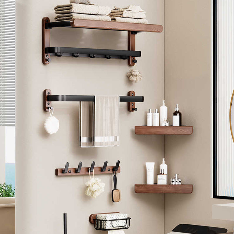 Walnut Wood Bathroom Towel Holder with Metal Bar – Space-Saving Wall Organizer for Towels & Accessories | Thomler