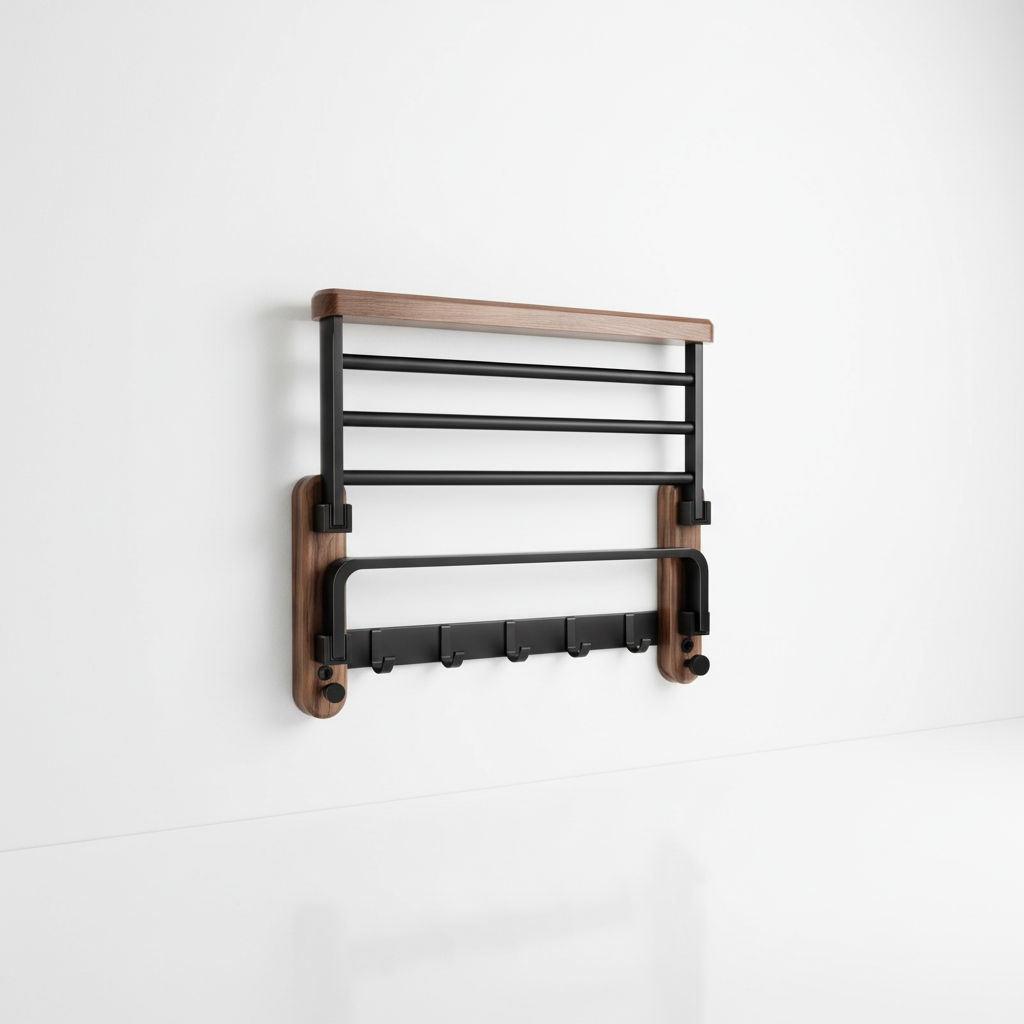 Walnut Wood Bathroom Towel Holder with Metal Bar – Space-Saving Wall Organizer for Towels & Accessories | Thomler