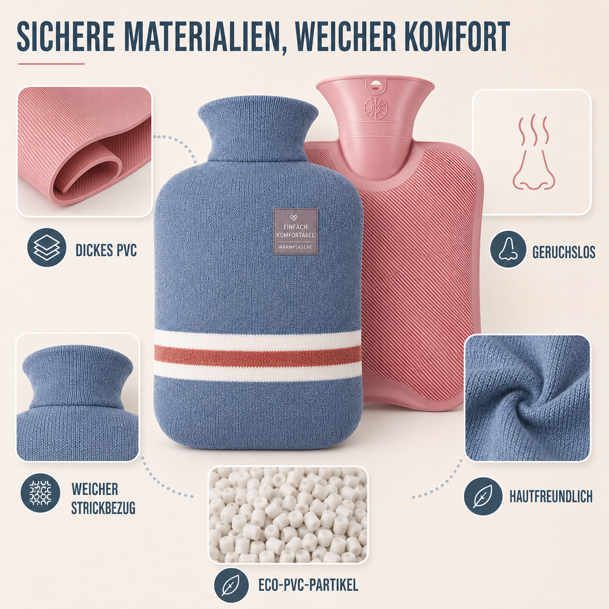 Hot Water Bottle with Knit Cover – 34 fl oz Cozy Heat Therapy for Winter Warmth, Cramps & Muscle Relief | Thomler