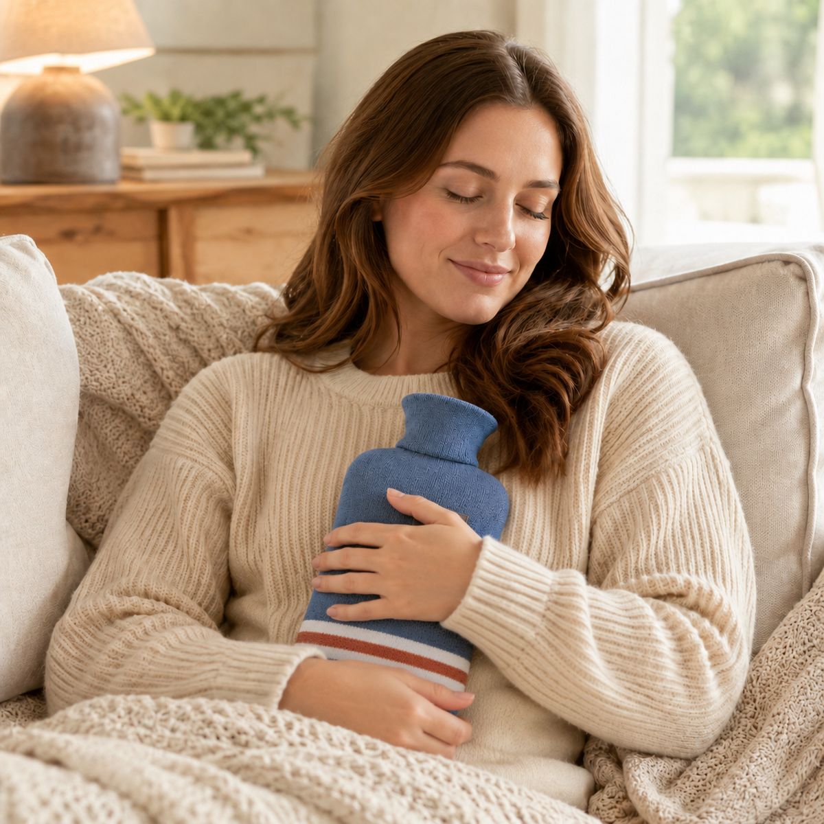 Hot Water Bottle with Knit Cover – 34 fl oz Cozy Heat Therapy for Winter Warmth, Cramps & Muscle Relief | Thomler