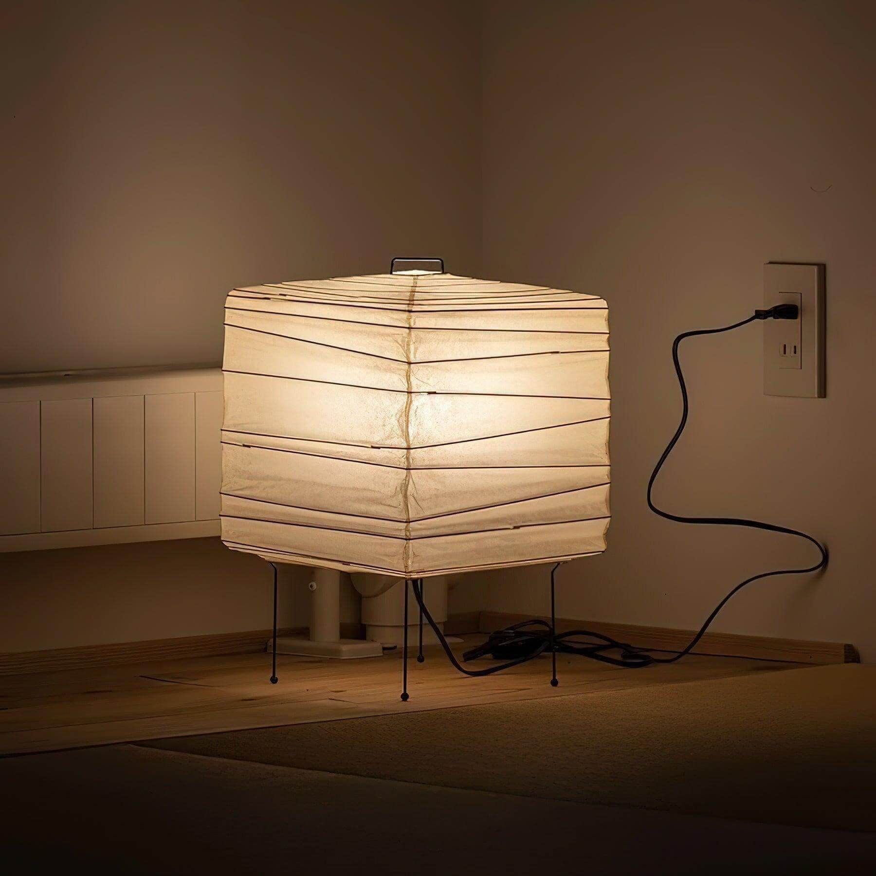 Table Lamp Washi Paper 9 in x 15 in Black Wire Legs Indoor Lighting Modern Cube Design Decorative Accent | Thomler