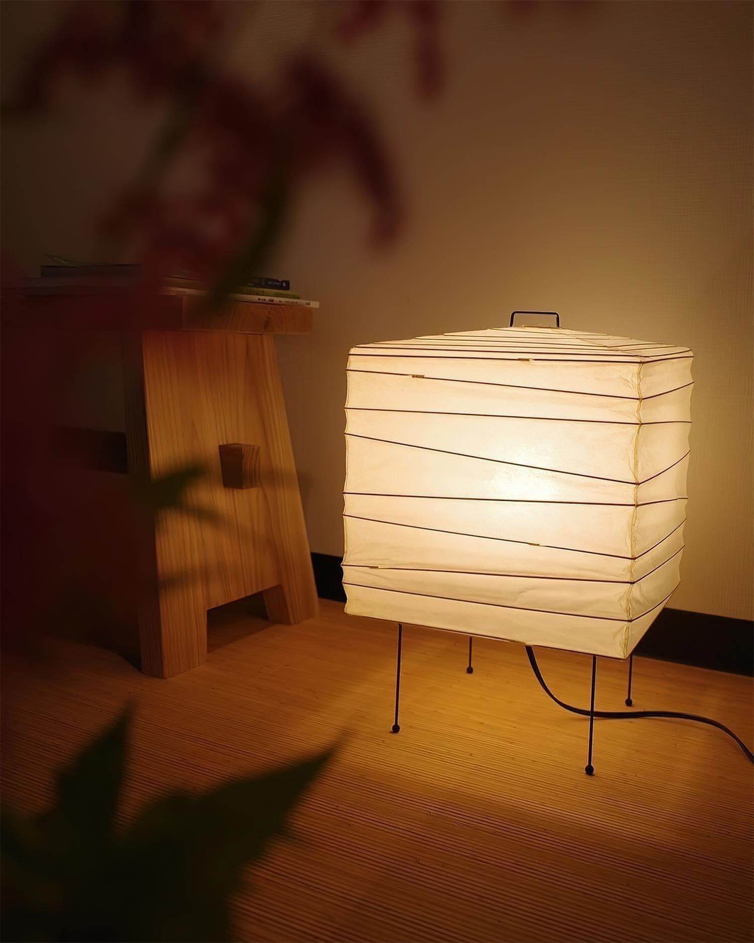 Table Lamp Washi Paper 9 in x 15 in Black Wire Legs Indoor Lighting Modern Cube Design Decorative Accent | Thomler