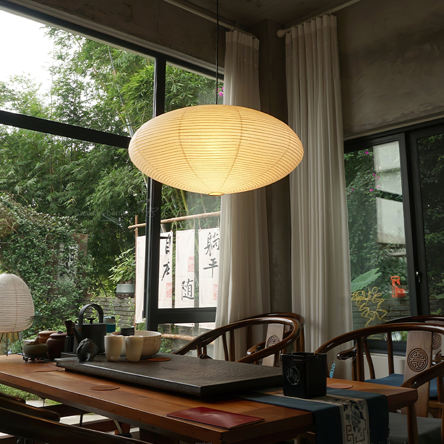 Akari Handcrafted Mulberry Paper Pendant Light 17.7 in Ceiling Indoor Warm Glow LED Edison Bulb | Thomler