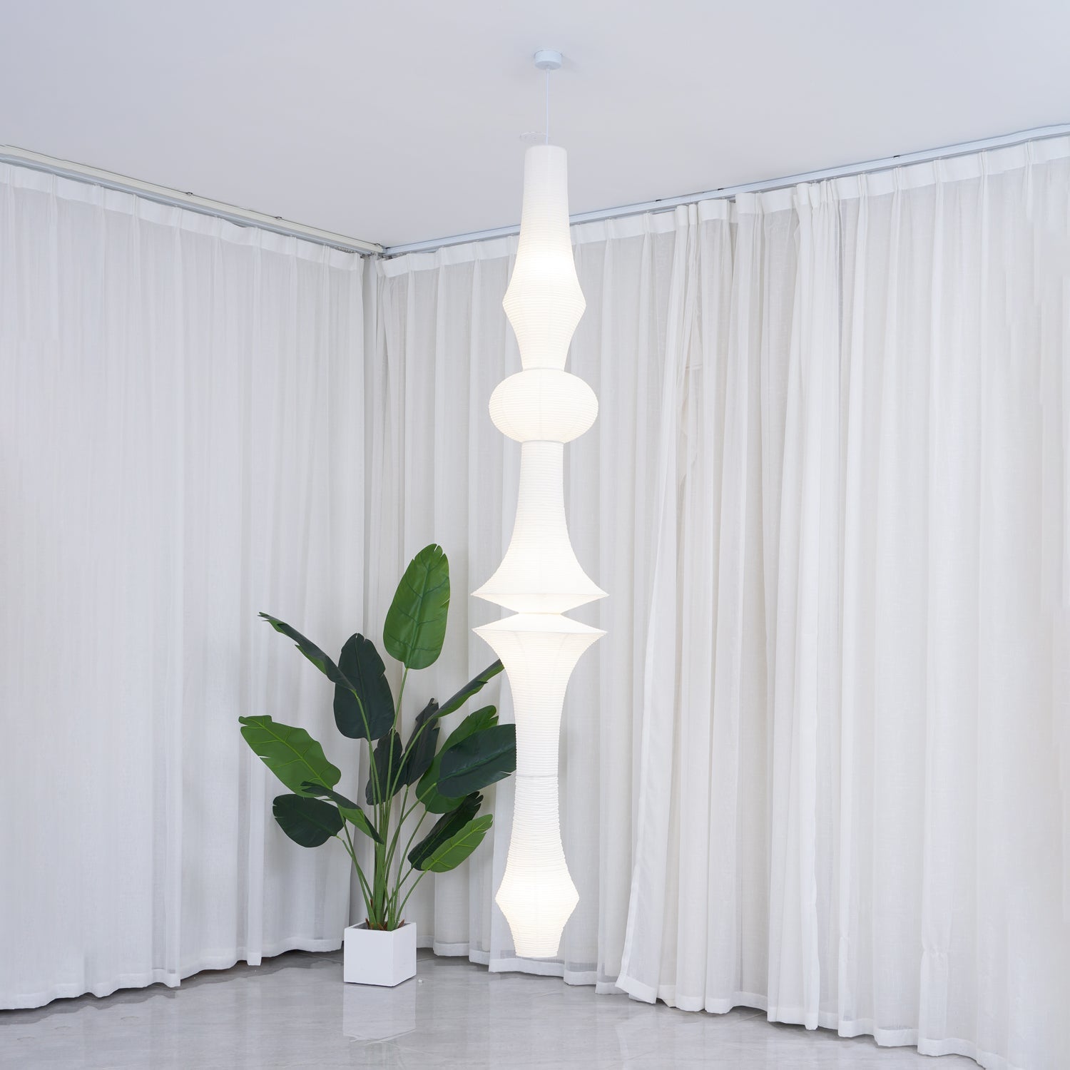 Washi Paper Pendant Light 12.2 in x 55.1 in White Indoor Ceiling Hanging Lamp Warm Ambient Lighting Decorative E26 E27 | Thomler