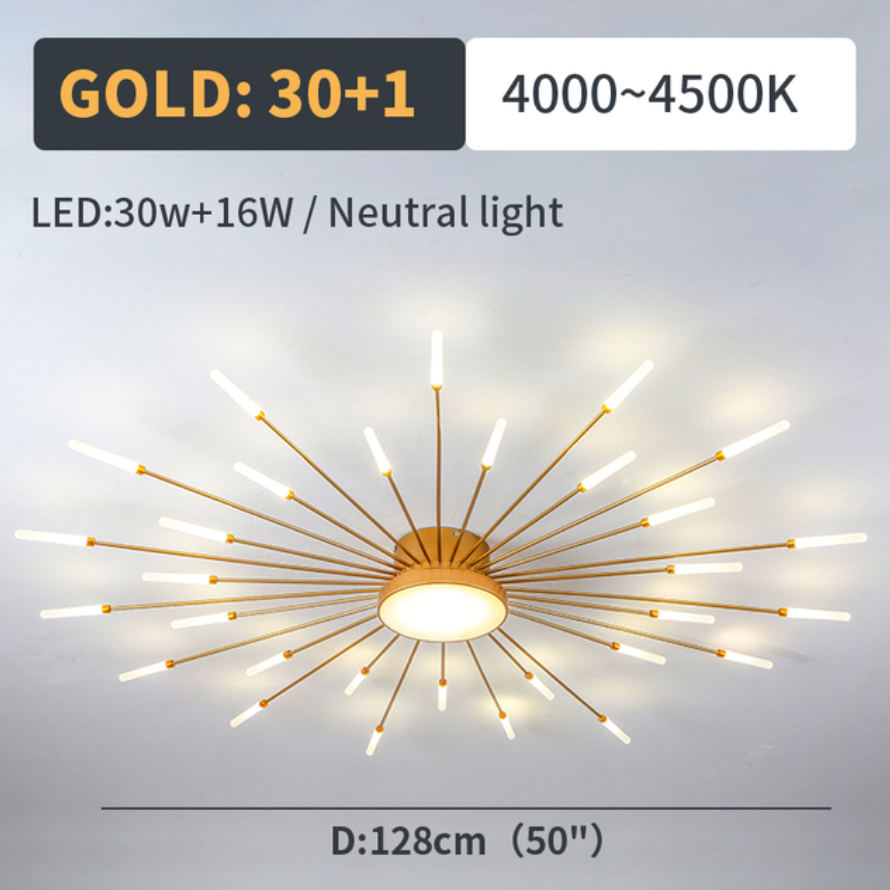 Linear Starburst Flush Mount Ceiling Light with LED Arrays for Living Room and Bedroom in Black or Gold Finish | Thomler