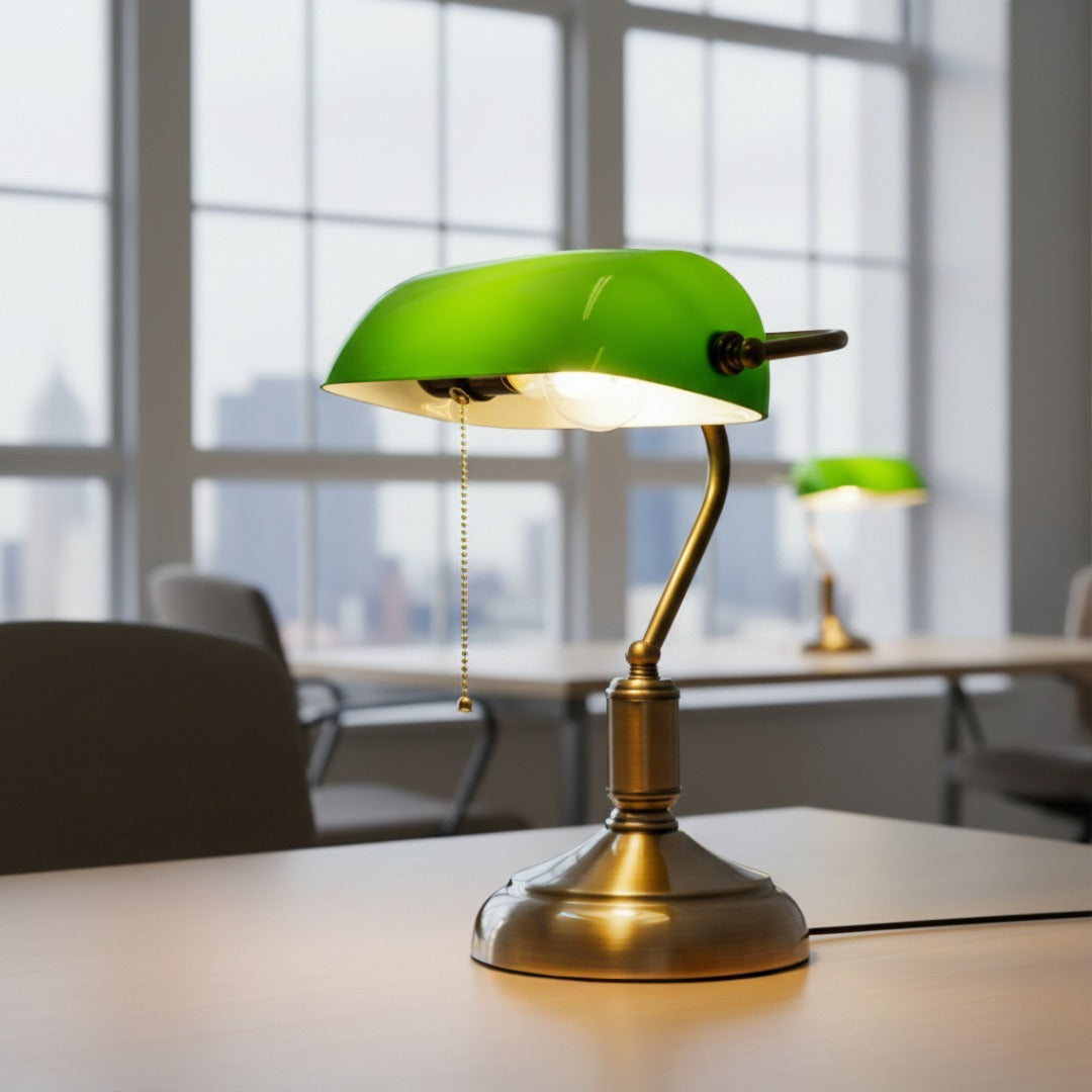 Classic Banker Desk Lamp with White Glass Shade & Antique Brass Base for Home Office Reading | Thomler