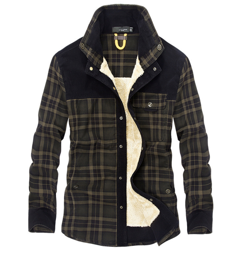 Men's Corduroy-Trimmed Sherpa-Lined Plaid Shirt Jacket for Cold Weather Layering – Fall Winter Heavyweight Button-Front Collared Coat with | Thomler