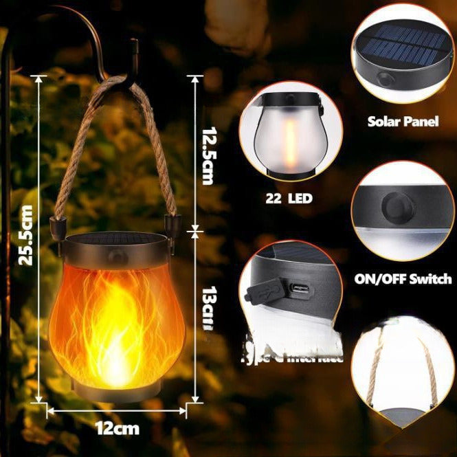 Solar Lantern Glass 25.5 cm Black Outdoor Flame Effect Garden Patio Hanging Light Waterproof USB Rechargeable | Thomler