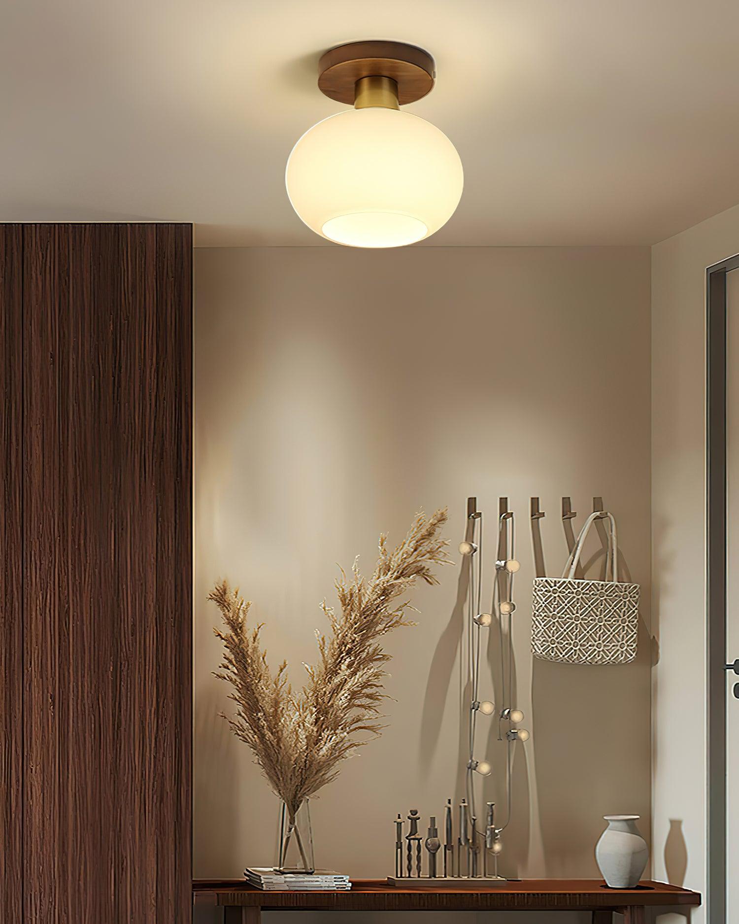 Ceiling Light Walnut Copper Glass Globe 18.0 cm Hallway Bedroom Flush Mount Opal E27 Scandinavian Japandi Lighting | Thomler