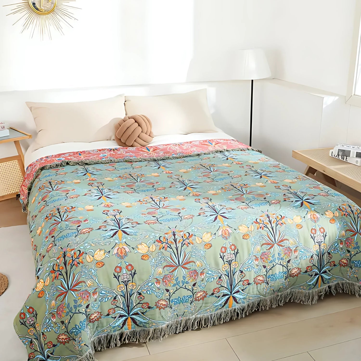 Reversible Cotton Throw Blanket with Tassels - Jacquard Floral Bedspread for Couch, Sofa & Bed - 100% Breathable Woven Fabric - 79x91 in | Thomler