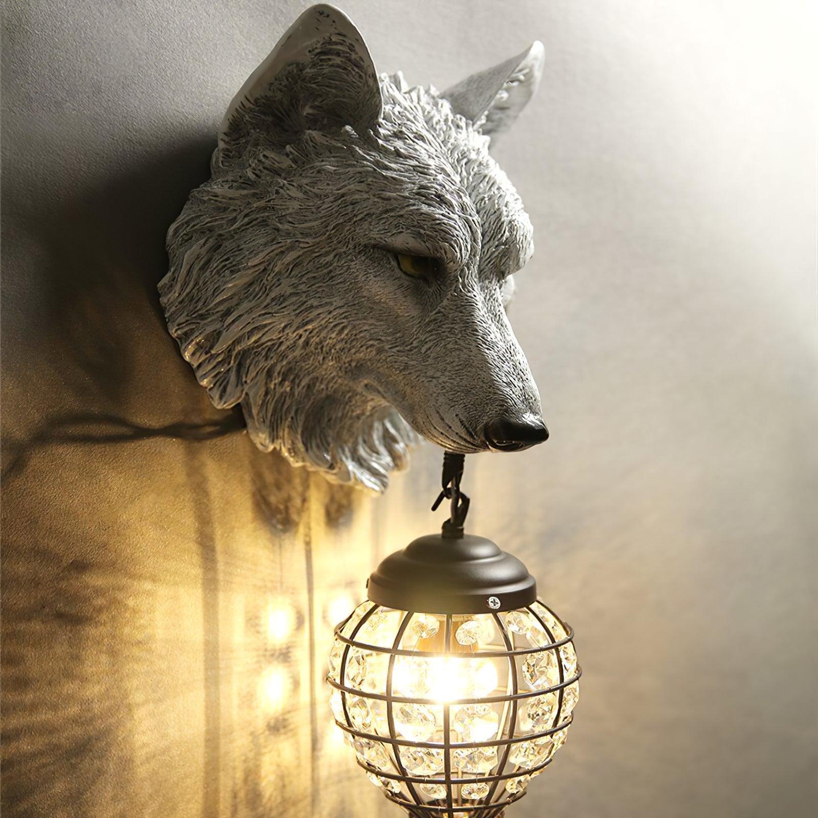 Sculptural Wolf Sconce with Crystal Accents 20.5 in Gold Gray Patina Iron Resin Fixture Entryway Living Room Hallway Decorative Wildlife Sta | Thomler