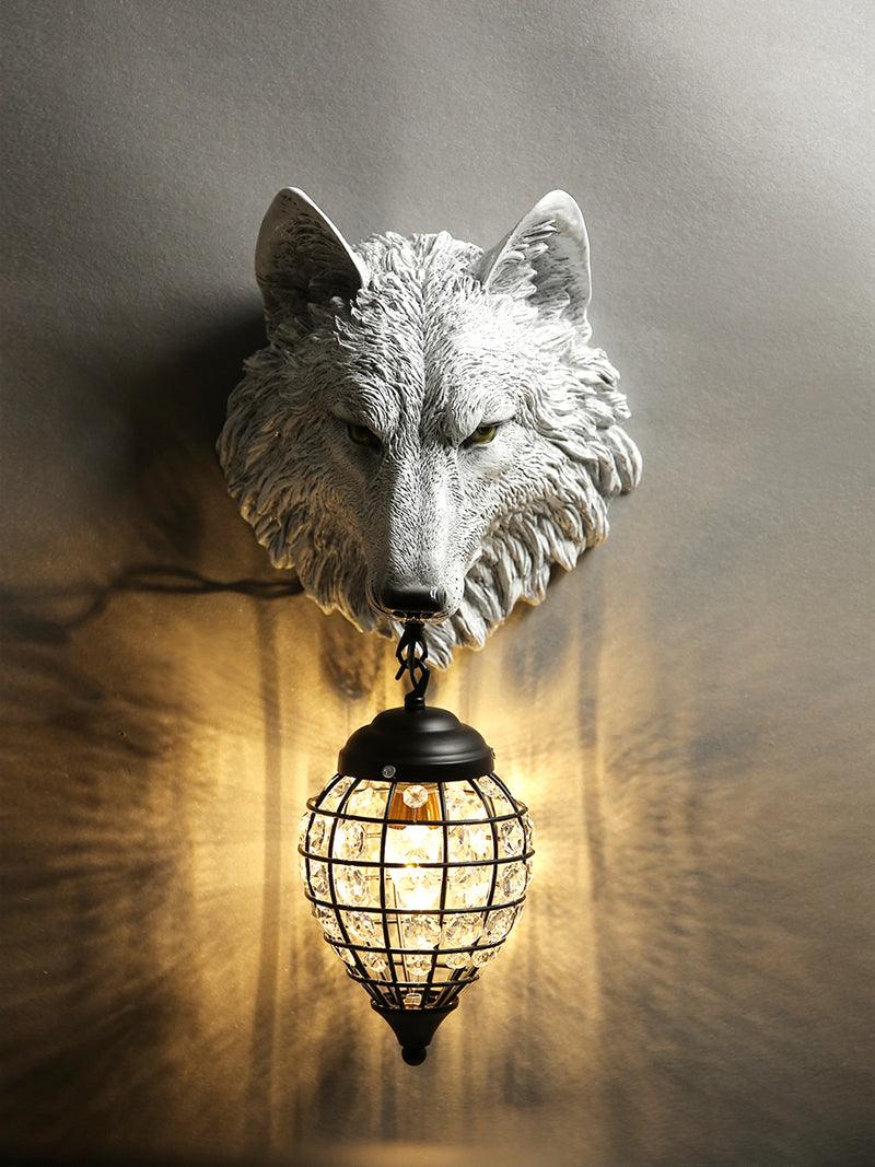 Sculptural Wolf Sconce with Crystal Accents 20.5 in Gold Gray Patina Iron Resin Fixture Entryway Living Room Hallway Decorative Wildlife Sta | Thomler
