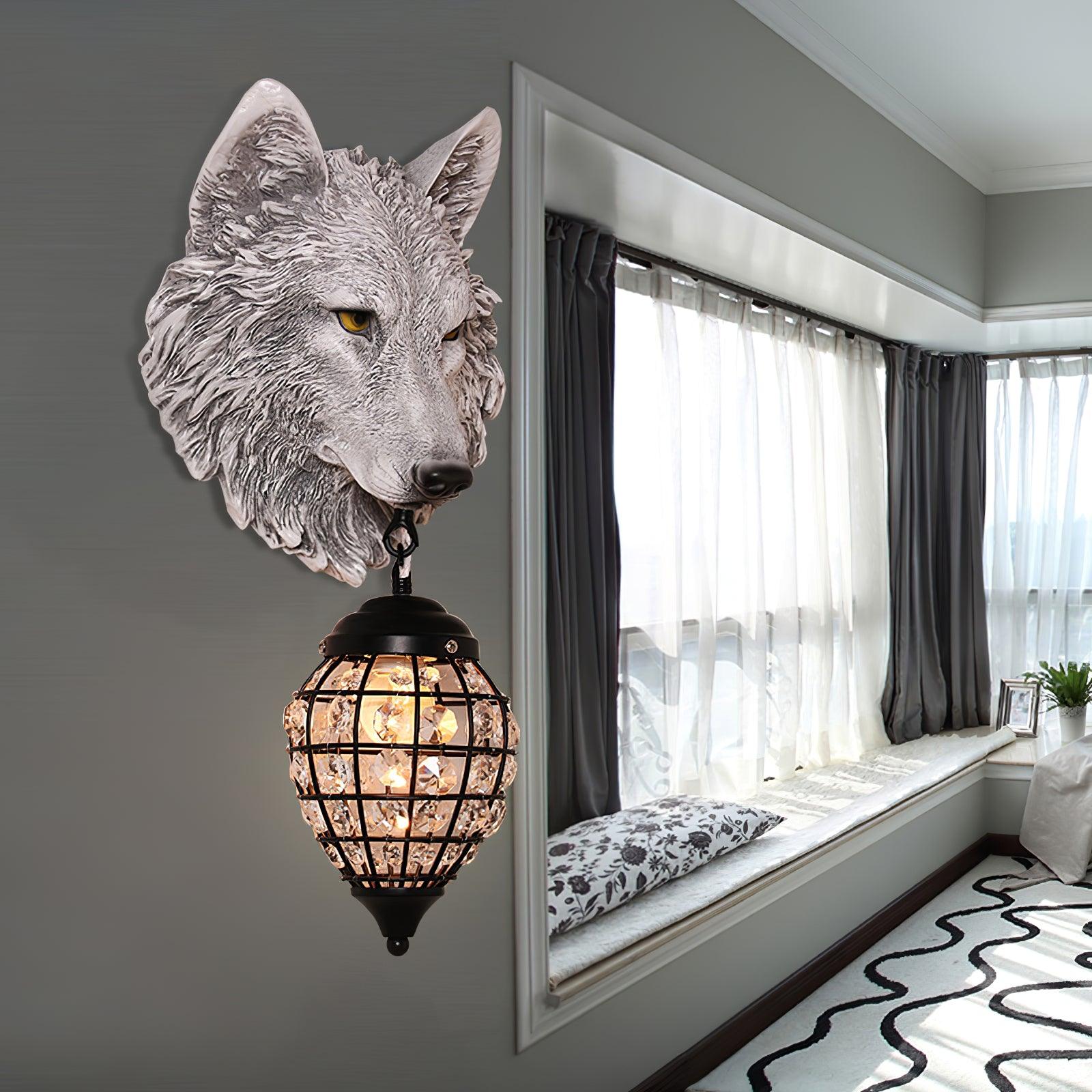 Sculptural Wolf Sconce with Crystal Accents 20.5 in Gold Gray Patina Iron Resin Fixture Entryway Living Room Hallway Decorative Wildlife Sta | Thomler