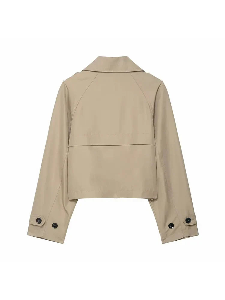 Cropped Double-Breasted Jacket Women's Work Blazer Khaki Brown Short Trench Style Coat Fall Winter Layering Piece Office Casual | Thomler