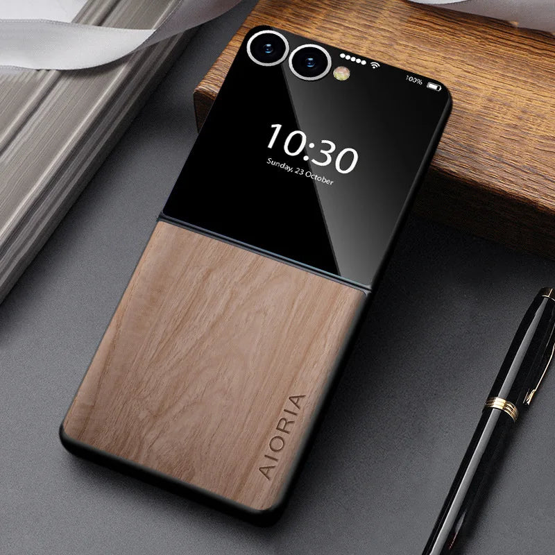 Foldable Phone Case Wood Grain Texture for Samsung Galaxy Z Flip 3 4 5 6 7 8 FE Shockproof PU Cover Anti-Fingerprint | Thomler