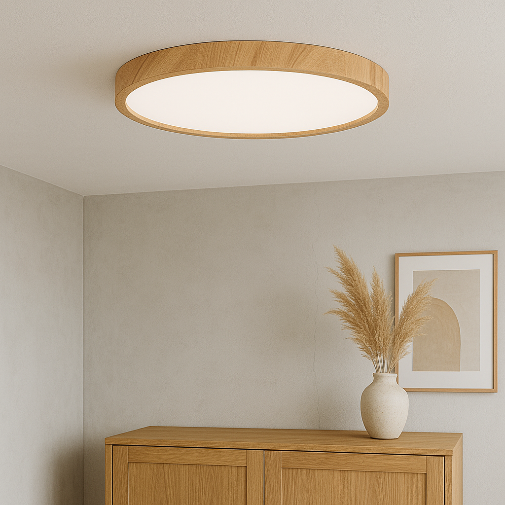 Faux Timber LED Flush Mount Ceiling Fixture with Warm Glow | Thomler
