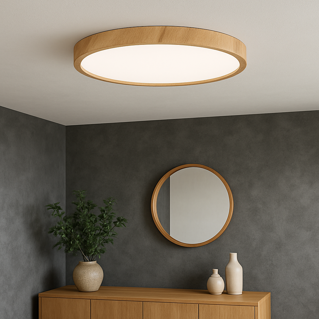 Faux Timber LED Flush Mount Ceiling Fixture with Warm Glow | Thomler