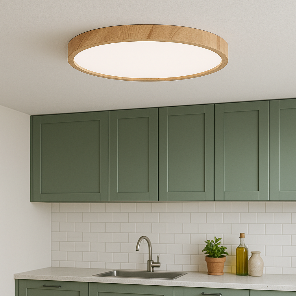 Faux Timber LED Flush Mount Ceiling Fixture with Warm Glow | Thomler
