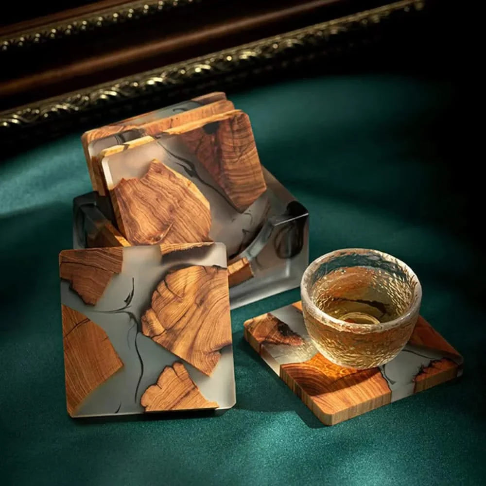 Japanese-Inspired Resin & Wood Square Drink Coasters – Heat-Resistant Non-Slip Table Protection for Coffee, Tea & Wine Glasses | Thomler