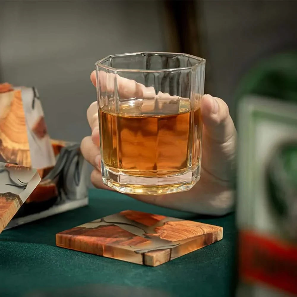 Japanese-Inspired Resin & Wood Square Drink Coasters – Heat-Resistant Non-Slip Table Protection for Coffee, Tea & Wine Glasses | Thomler