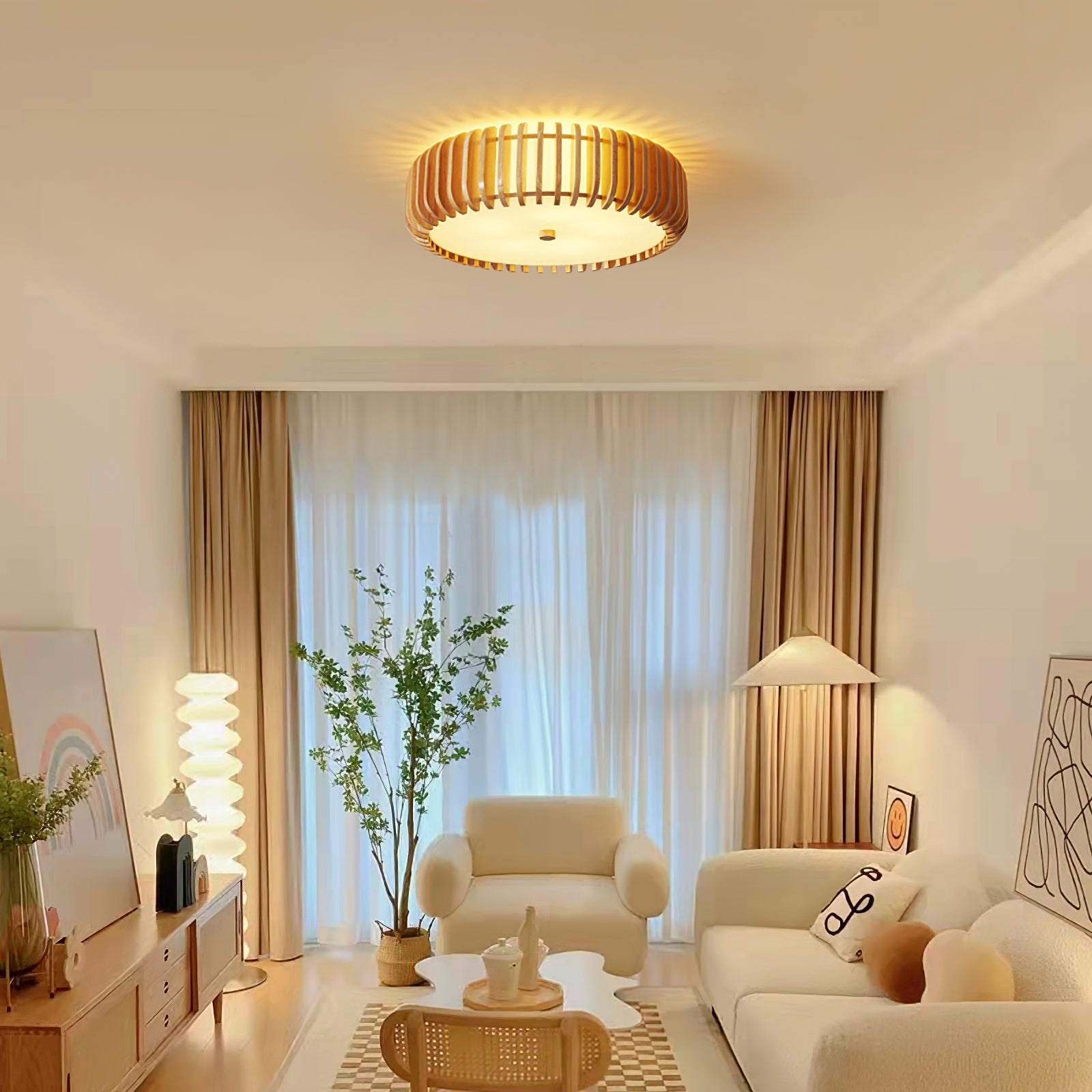 Flush Mount Ceiling Light Wood 19.7 in Indoor Dining Living Room Soft White Acrylic Modern Fixture | Thomler