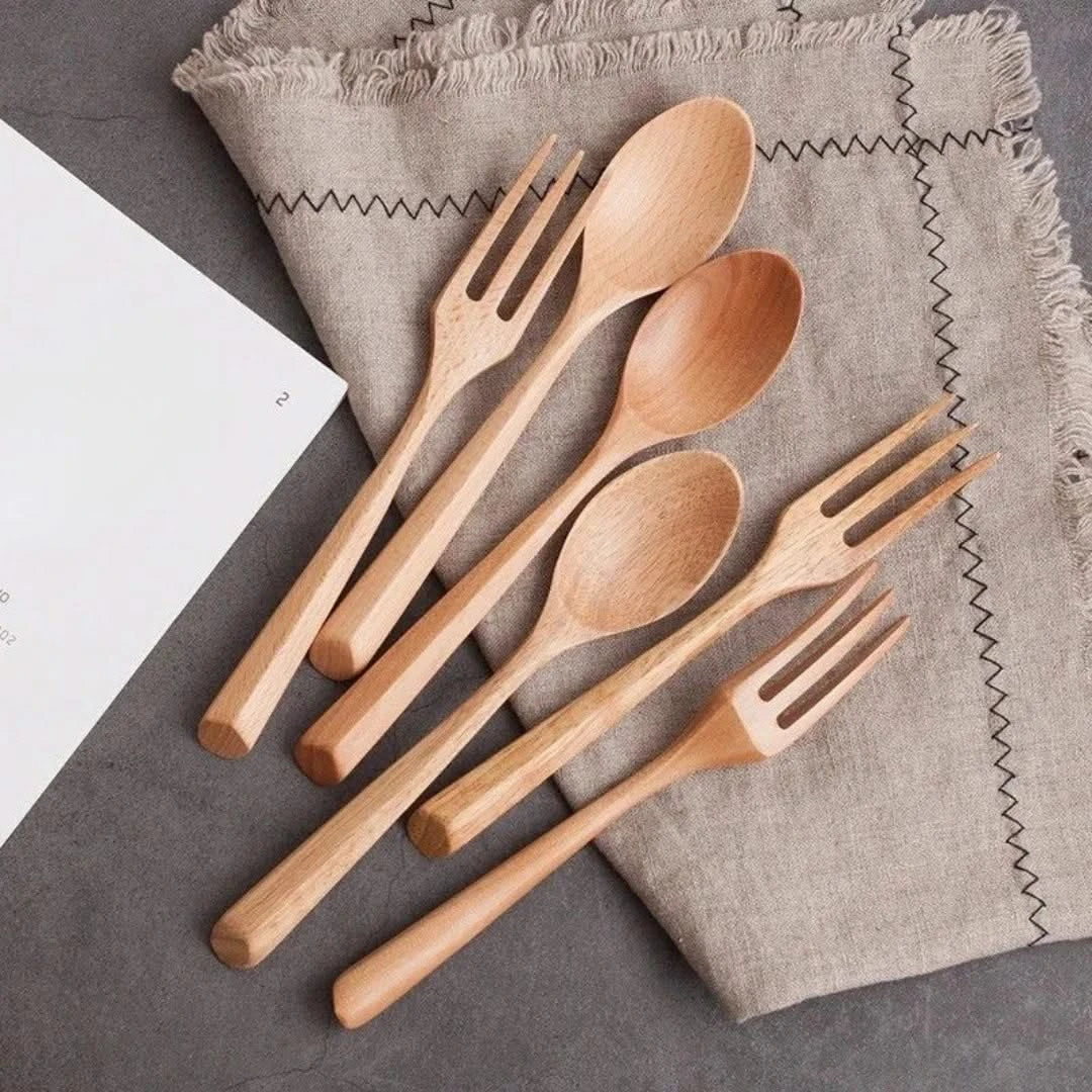 Bamboo Flatware Set – 6-Piece Reusable Utensil Kit with Spoons & Forks for Lunch, Travel & Home Dining | Thomler