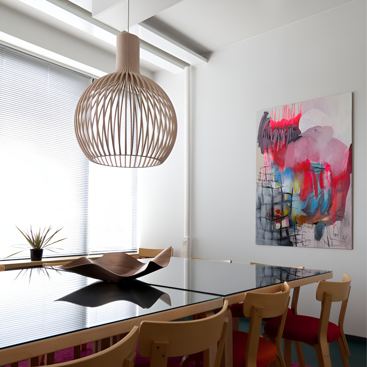 Slatted Timber Hanging Fixture – Semi-Flush Drum Pendant with LED Bulb for Dining Room & Bedroom – Scandinavian Cage Design Overhead | Thomler