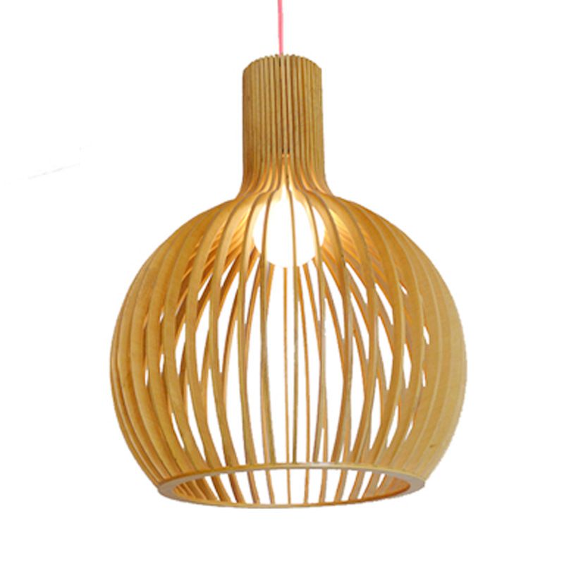 Slatted Timber Hanging Fixture – Semi-Flush Drum Pendant with LED Bulb for Dining Room & Bedroom – Scandinavian Cage Design Overhead | Thomler
