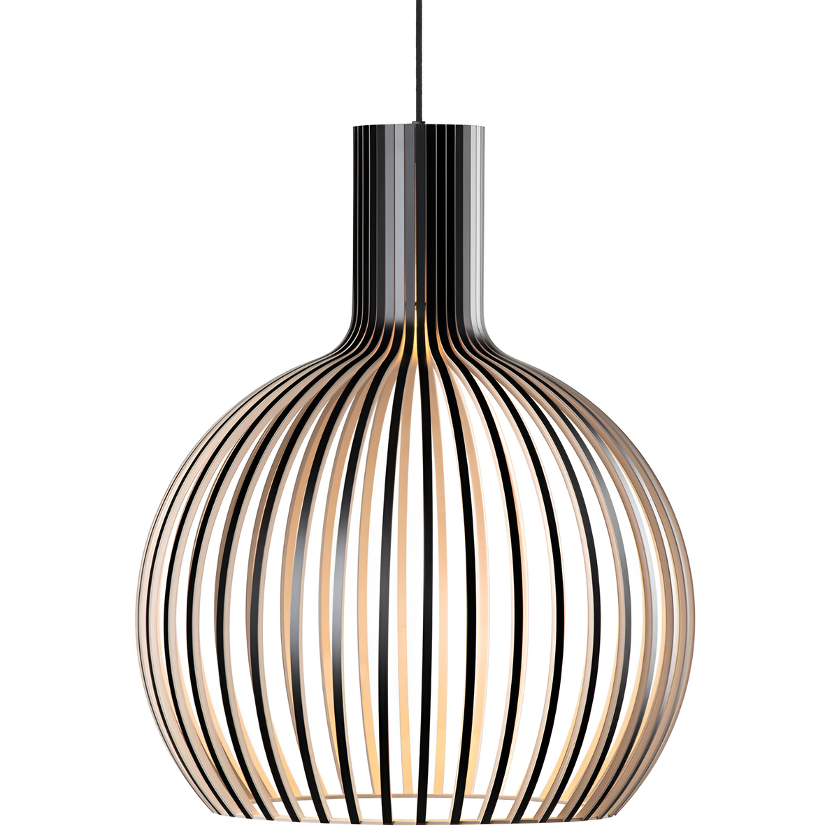 Slatted Timber Hanging Fixture – Semi-Flush Drum Pendant with LED Bulb for Dining Room & Bedroom – Scandinavian Cage Design Overhead | Thomler