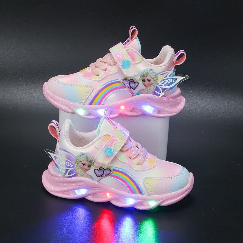 Kids Trainers Mesh LED Sole Pink Rainbow Velcro Everyday School Play Glitter Light Up Sneakers | Thomler