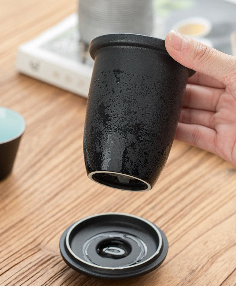 Tea Set Ceramic 350 ml Black Travel Portable Office Outdoor Gongfu Teapot Cups With Carry Bag | Thomler