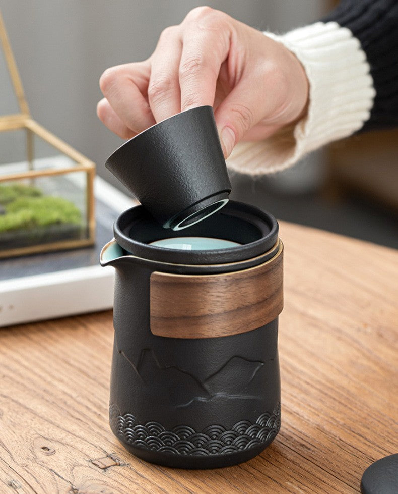 Tea Set Ceramic 350 ml Black Travel Portable Office Outdoor Gongfu Teapot Cups With Carry Bag | Thomler