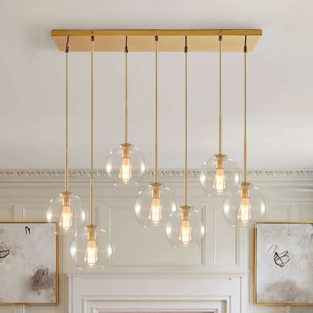 Pendant Light Glass Sphere 90.0 cm Brass Kitchen Island Dining Room Adjustable Seven Light Ceiling Fixture | Thomler