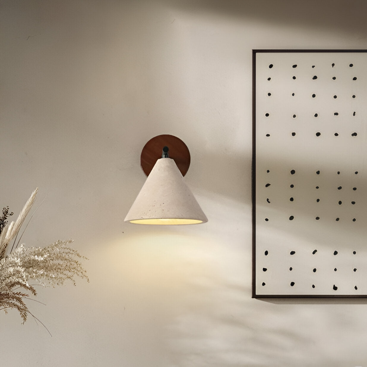 Wall Lamp Travertine Stone 5.9 in Bedroom Hallway Ambient Lighting Wood Base Cone Shade Modern Wabi Sabi Fixture | Thomler