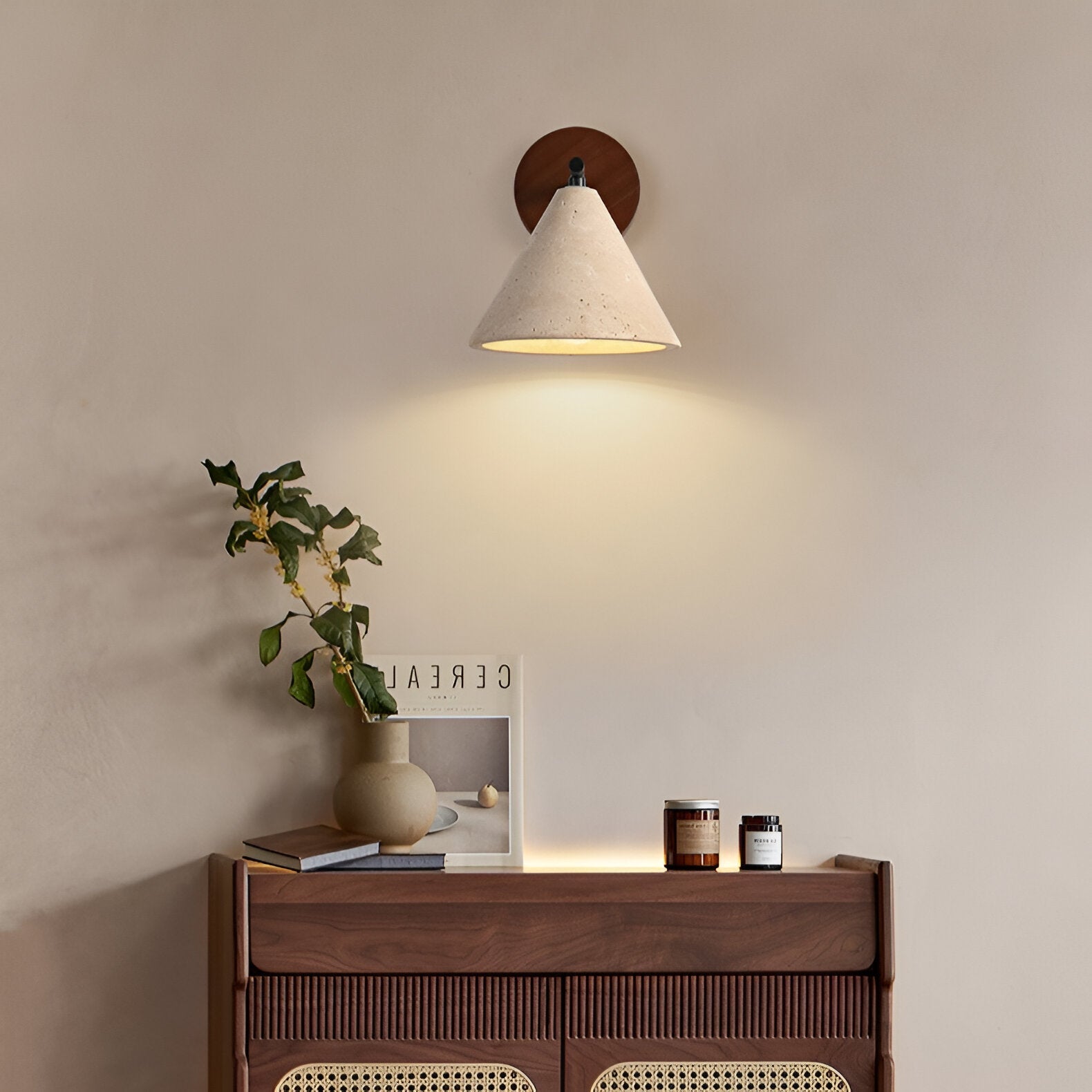 Wall Lamp Travertine Stone 5.9 in Bedroom Hallway Ambient Lighting Wood Base Cone Shade Modern Wabi Sabi Fixture | Thomler