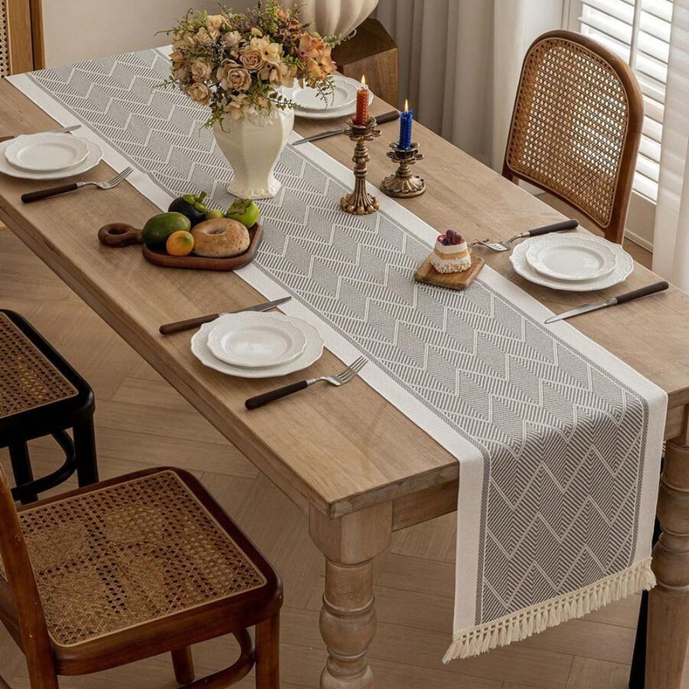 Table Runner Microfibre Blend Woven Zigzag Sandstone Dining Table Scandinavian Sideboard Decorative Runner With Fringes | Thomler
