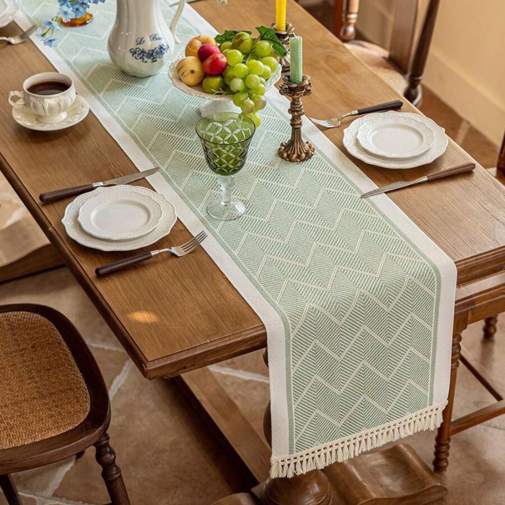 Table Runner Microfibre Blend Woven Zigzag Sandstone Dining Table Scandinavian Sideboard Decorative Runner With Fringes | Thomler