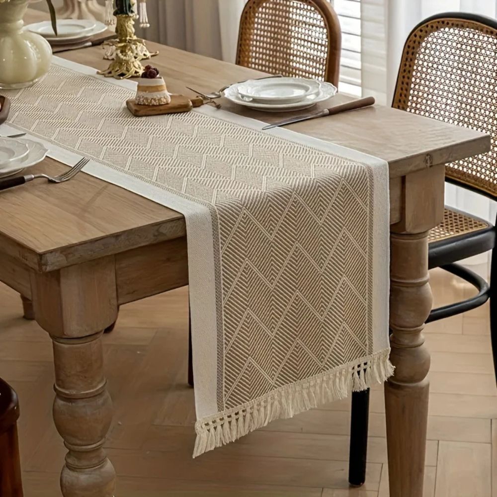 Table Runner Microfibre Blend Woven Zigzag Sandstone Dining Table Scandinavian Sideboard Decorative Runner With Fringes | Thomler