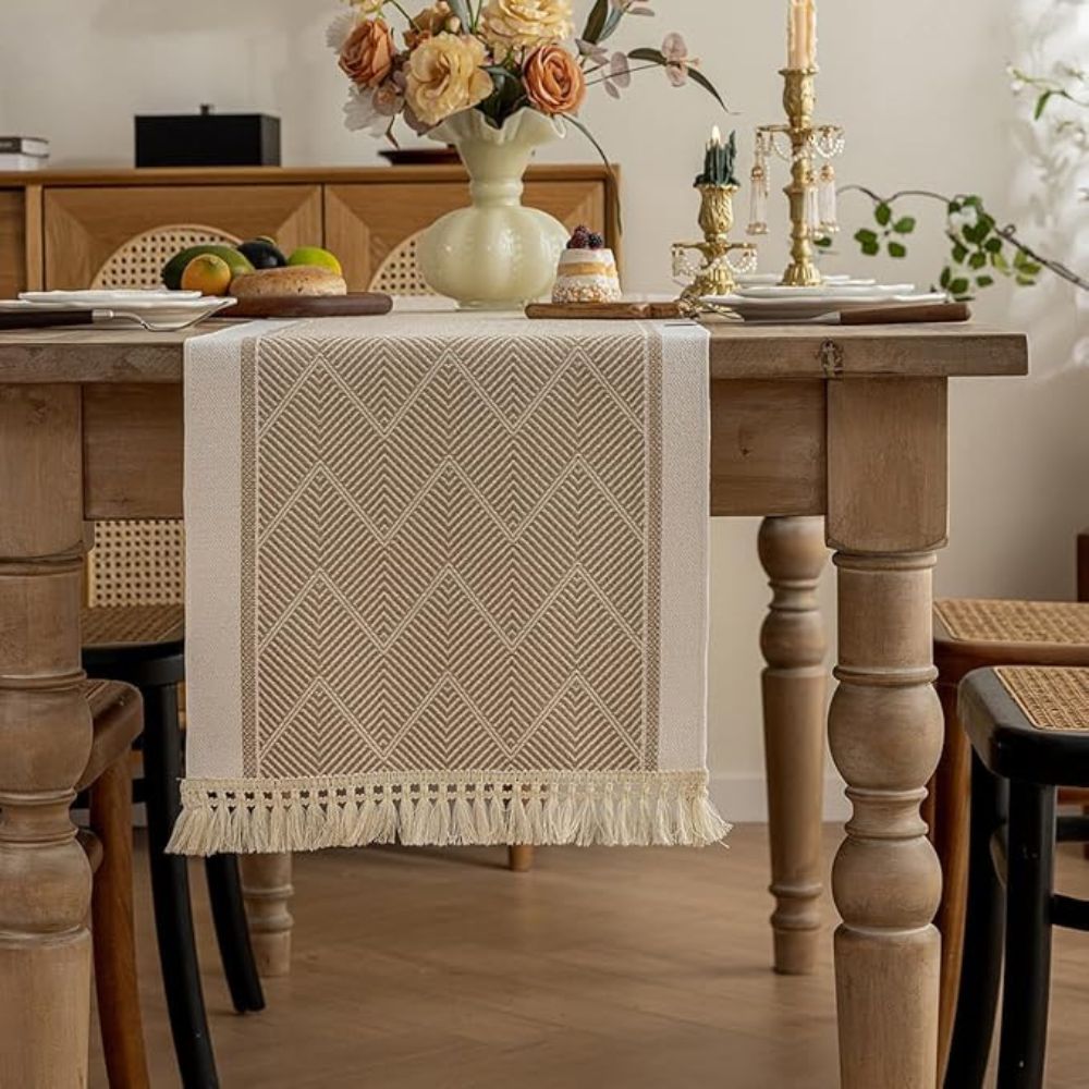Table Runner Microfibre Blend Woven Zigzag Sandstone Dining Table Scandinavian Sideboard Decorative Runner With Fringes | Thomler