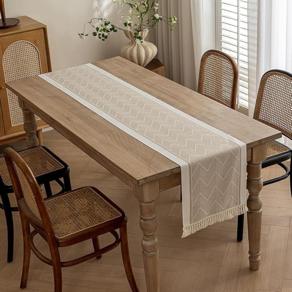 Table Runner Microfibre Blend Woven Zigzag Sandstone Dining Table Scandinavian Sideboard Decorative Runner With Fringes | Thomler