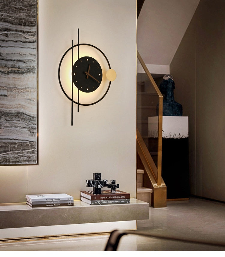 Wall Clock Metal 57.0 cm x 41.5 cm Illuminated Black Gold Living Room Hallway Office Decorative Wall Light Clock | Thomler