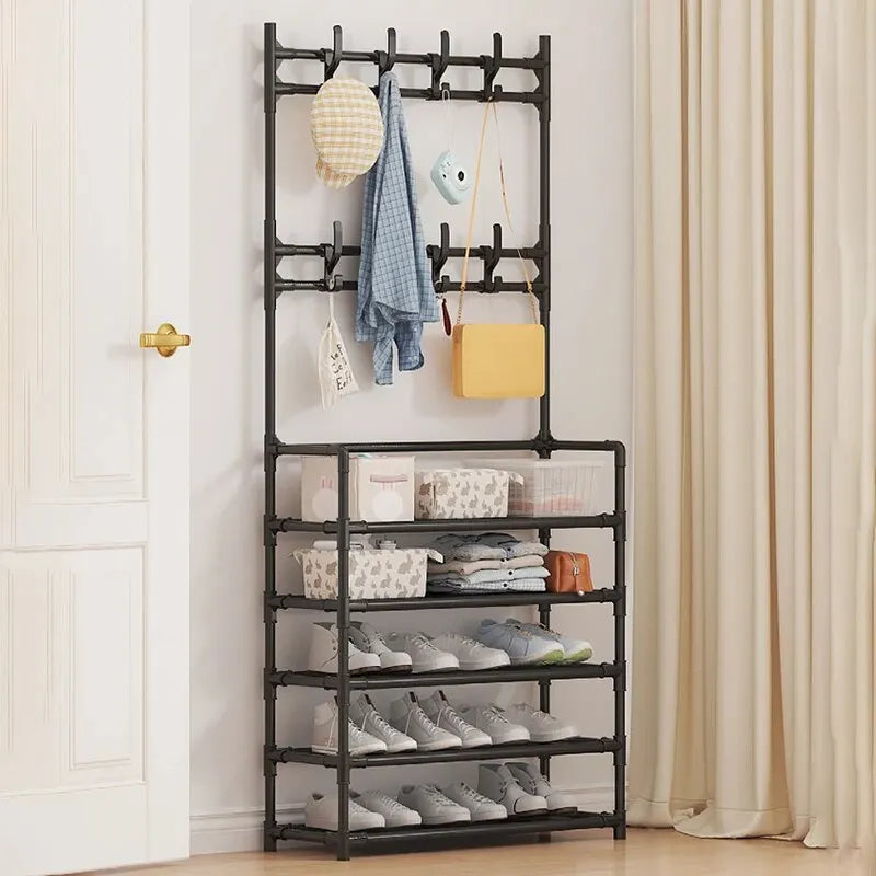 Shoe Rack Steel 171.0 cm x 60.0 cm Hallway Storage With Coat Rack Entryway Organiser Shoe Shelf Stand | Thomler