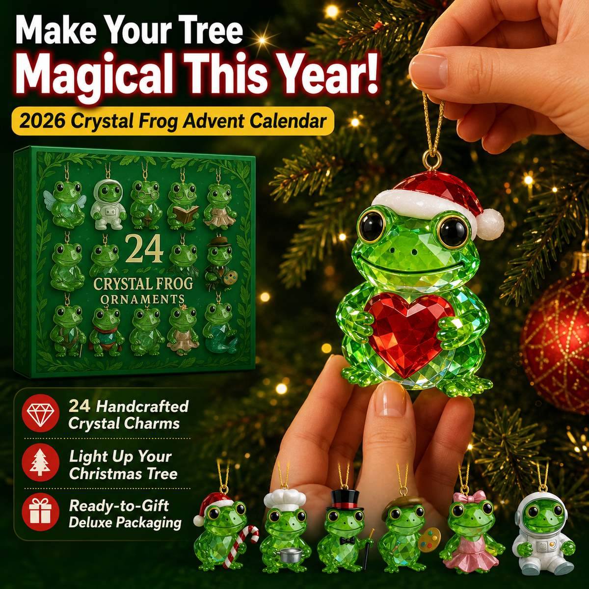 Crystal Frog Ornament Advent Calendar – 24 Miniature Collectible Charms for Christmas Countdown & Year-Round Display | Thomler